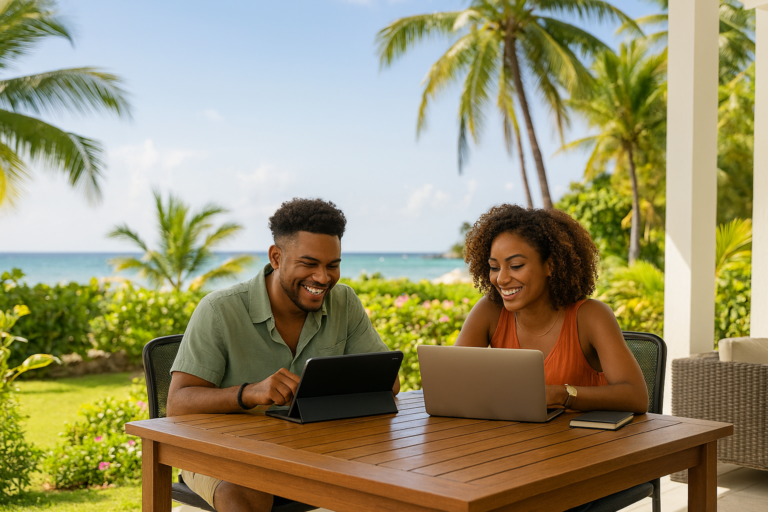 Accueil Jeune couple souriant travaillant sur ordinateur portable et tablette en extérieur sous les tropiques.