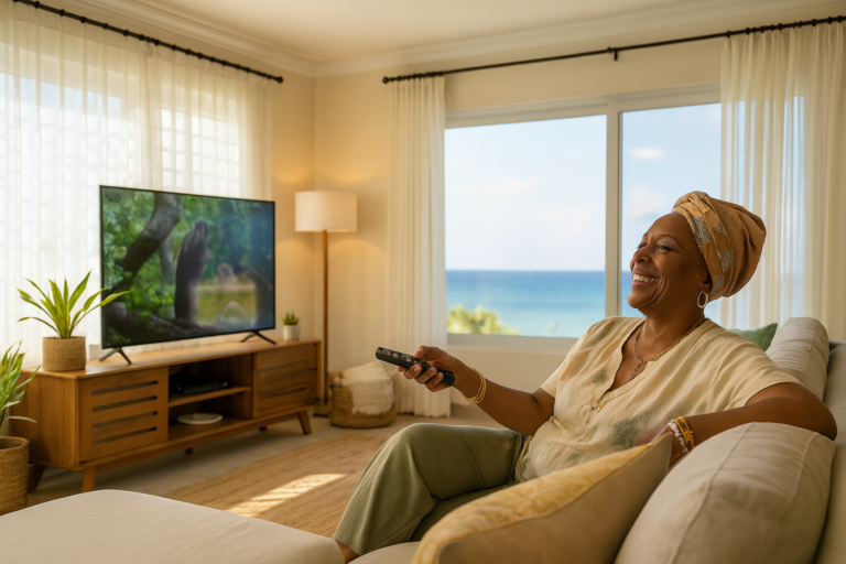 Accueil Femme souriante assise sur un canapé utilisant une télécommande devant une Smart T