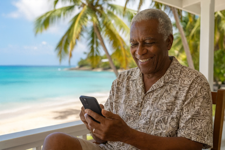 Accueil Homme senior souriant utilisant son smartphone sur une terrasse en bord de mer.
